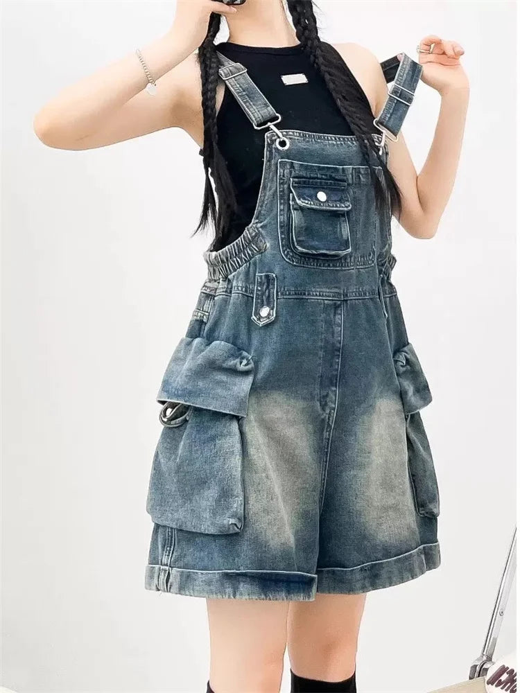 American Vintage Denim Overalls Women Fashion Wide Leg Jumpsuit Slim Fit Loose Design Youthful Style Short Romper