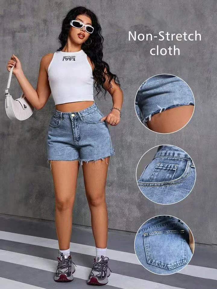 High-waisted distressed denim shorts