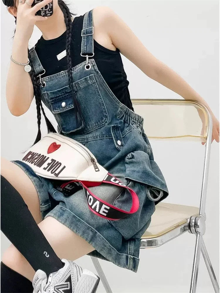 American Vintage Denim Overalls Women Fashion Wide Leg Jumpsuit Slim Fit Loose Design Youthful Style Short Romper
