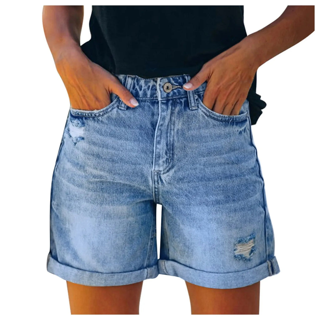 Womens Jean Shorts High Waisted Stretchy Buttoned Folded Hem Denim Shorts шорты женские летние