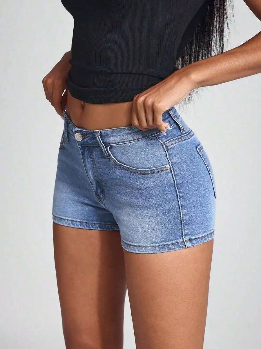 Slant Pocket Casual Skinny Denim Shorts For Women